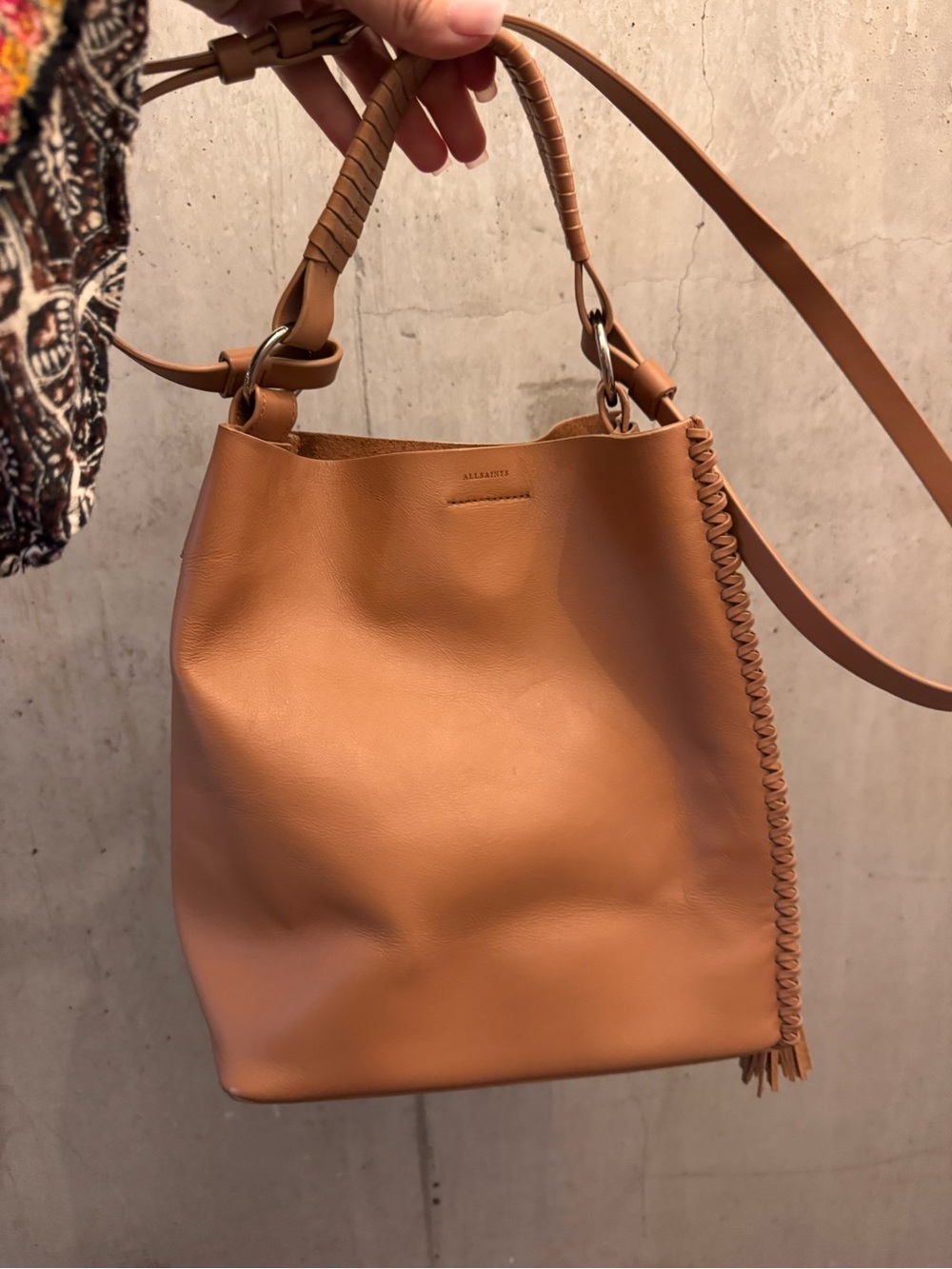 All Saints Tan Leather Shoulder Bag with Braided Detail NWOT!
